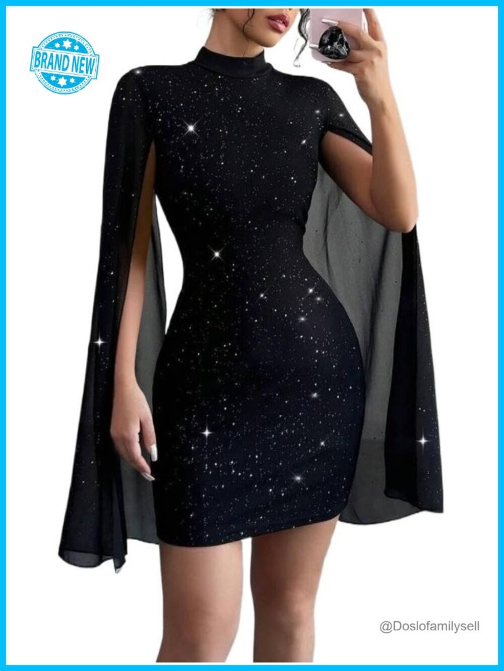 Women's Glitter Mini Dress Mock Neck Cape Sleeve Bodycon Cocktail Party